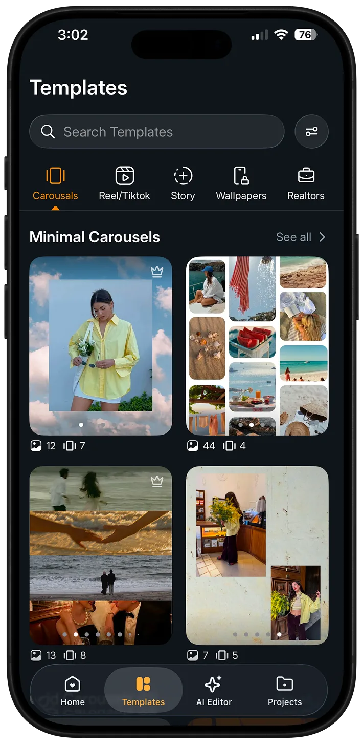 Browsing carousel templates in the Zaps app